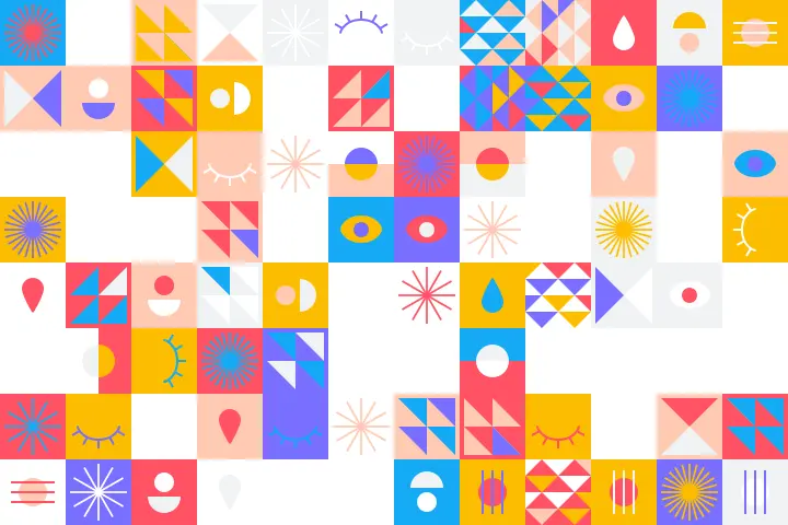 An assortment of diverse geometric shapes and patterns, with a playful and abstract arrangement, incorporating elements such as circles, triangles, rectangles, and various decorative symbols, suitable for a vibrant background design or a dynamic web graphic. abstract, geometric, background, patterns, playful