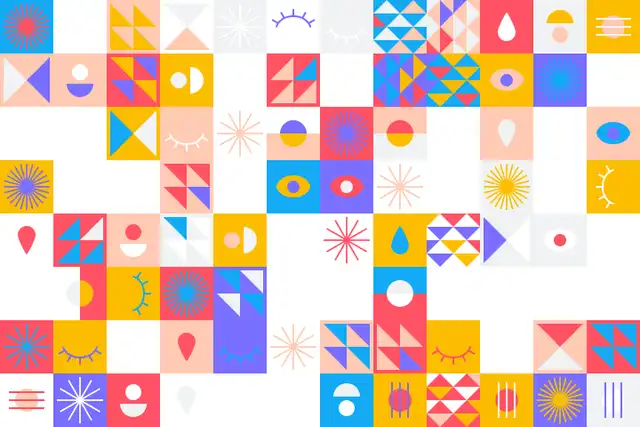 bauhaus6 An assortment of diverse geometric shapes and patterns, with a playful and abstract arrangement, incorporating elements such as circles, triangles, rectangles, and various decorative symbols, suitable for a vibrant background design or a dynamic web graphic.