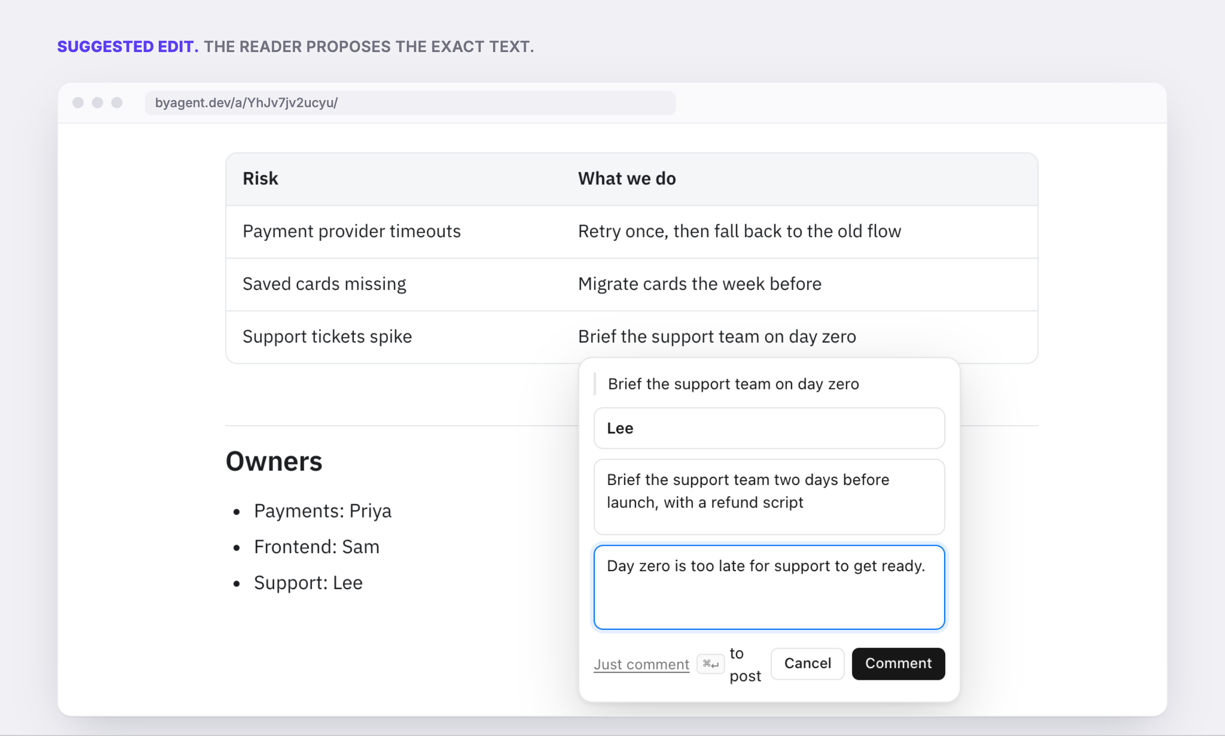A reader selects "Brief the support team on day zero" in a risks table and suggests replacement text: "Brief the support team two days before launch, with a refund script"