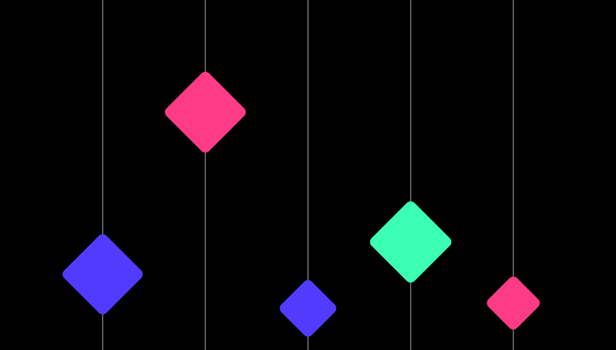 rellax A collection of vibrant geometric shapes, specifically diamonds, distributed unevenly against a solid background, with fine lines suggesting a possible connection or pathway between the shapes, reflecting a modern, minimalistic design aesthetic.