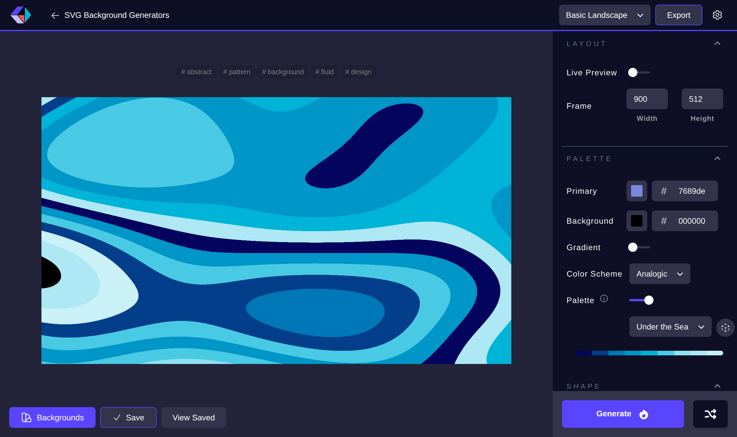 The Creatica editor rendering the Golf generator, with layout, palette and shape controls